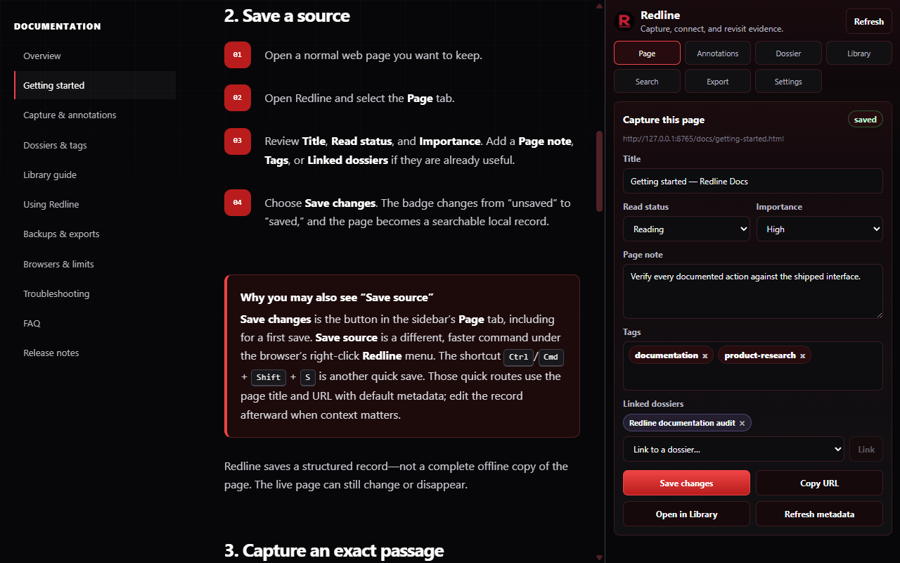 Current Redline Page tab beside the Getting started guide, showing saved metadata and the Save changes button.